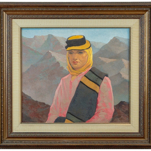 Un affollato gruppo di figure in abiti tradizionali è ritratto in un paesaggio costiero, con alcuni che trasportano frutta e altri che riposano.