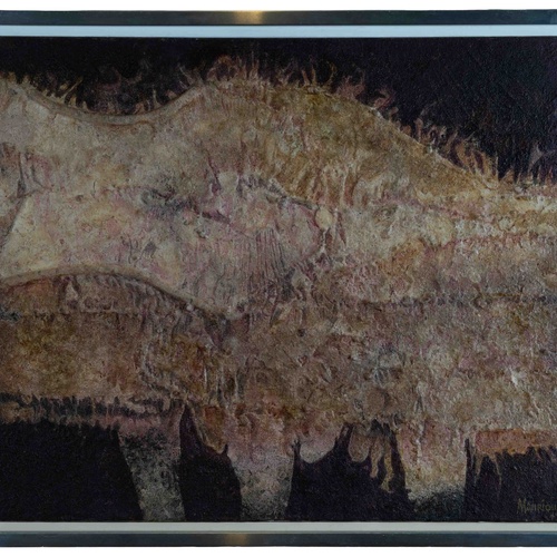 An abstract painting featuring a highly textured surface in earthy tones with reddish and beige highlights against a dark background is enclosed in a silver-toned frame.