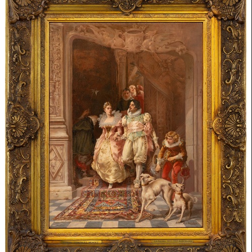 Un affollato gruppo di figure in abiti tradizionali è ritratto in un paesaggio costiero, con alcuni che trasportano frutta e altri che riposano.