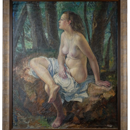 Un affollato gruppo di figure in abiti tradizionali è ritratto in un paesaggio costiero, con alcuni che trasportano frutta e altri che riposano.