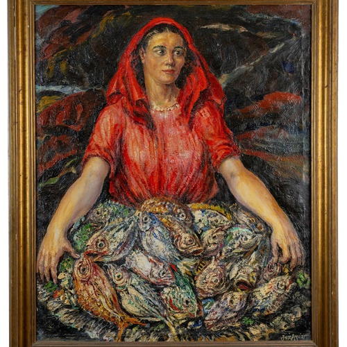 Un affollato gruppo di figure in abiti tradizionali è ritratto in un paesaggio costiero, con alcuni che trasportano frutta e altri che riposano.