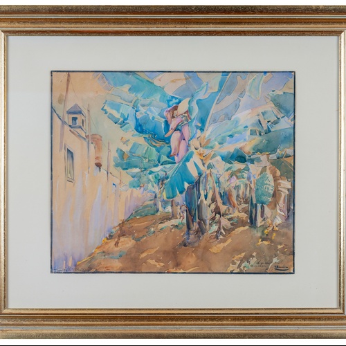 Un affollato gruppo di figure in abiti tradizionali è ritratto in un paesaggio costiero, con alcuni che trasportano frutta e altri che riposano.