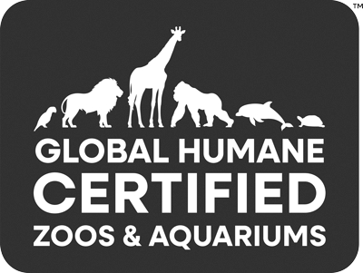 Un logo en blanco y negro de la certificación "Global Humane Certified Zoos & Aquariums" que presenta siluetas de diversos animales.