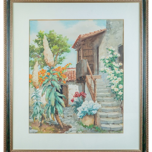 Un affollato gruppo di figure in abiti tradizionali è ritratto in un paesaggio costiero, con alcuni che trasportano frutta e altri che riposano.