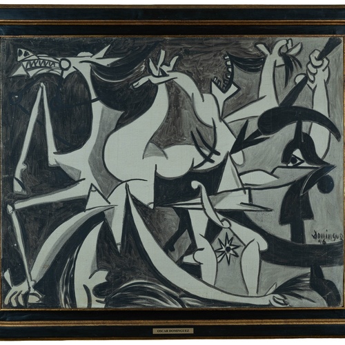 Un affollato gruppo di figure in abiti tradizionali è ritratto in un paesaggio costiero, con alcuni che trasportano frutta e altri che riposano.