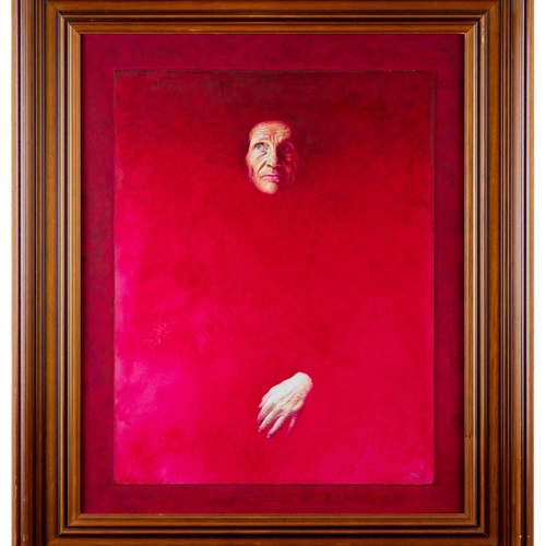 Un affollato gruppo di figure in abiti tradizionali è ritratto in un paesaggio costiero, con alcuni che trasportano frutta e altri che riposano.