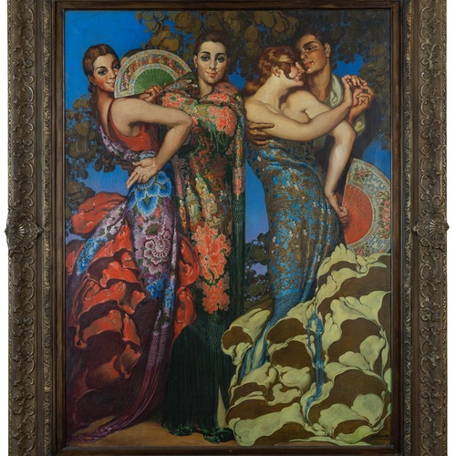 Un affollato gruppo di figure in abiti tradizionali è ritratto in un paesaggio costiero, con alcuni che trasportano frutta e altri che riposano.