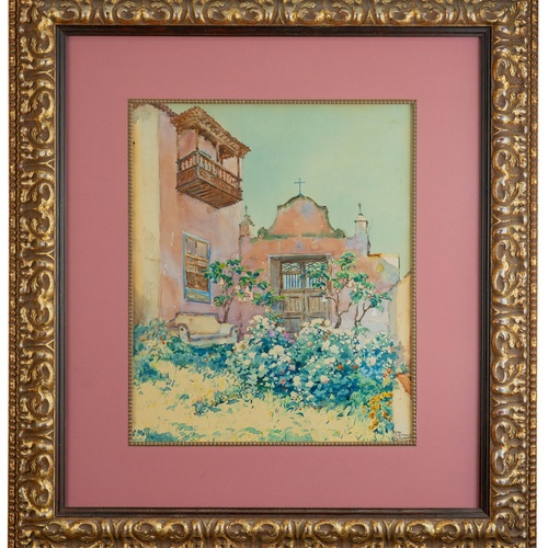 Un affollato gruppo di figure in abiti tradizionali è ritratto in un paesaggio costiero, con alcuni che trasportano frutta e altri che riposano.