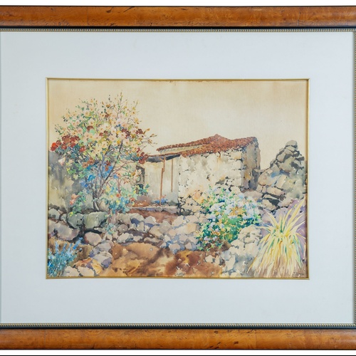 Un affollato gruppo di figure in abiti tradizionali è ritratto in un paesaggio costiero, con alcuni che trasportano frutta e altri che riposano.