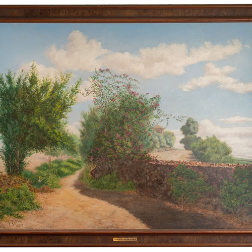 Un affollato gruppo di figure in abiti tradizionali è ritratto in un paesaggio costiero, con alcuni che trasportano frutta e altri che riposano.