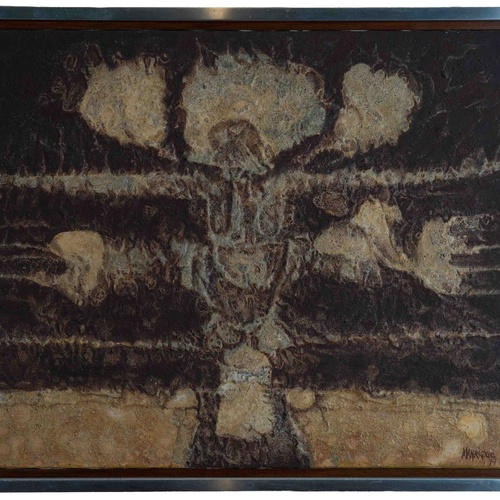 It depicts an abstract, highly textured artwork with organic shapes in earthy browns, beiges, and grays, set within a double frame.