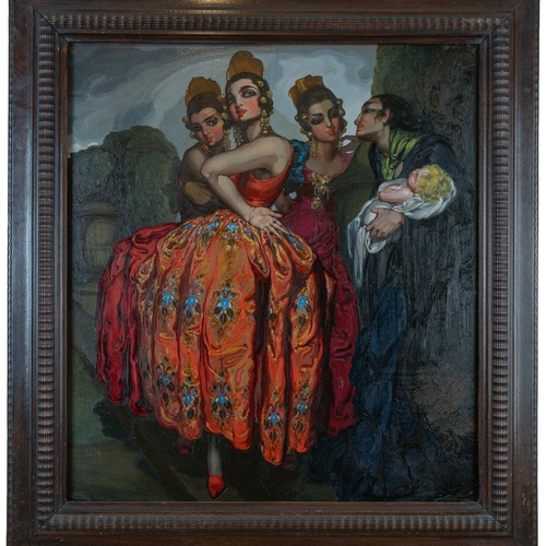 Un affollato gruppo di figure in abiti tradizionali è ritratto in un paesaggio costiero, con alcuni che trasportano frutta e altri che riposano.