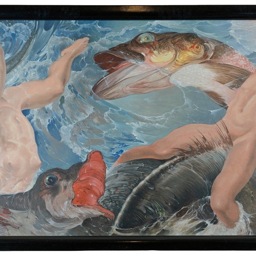 Un affollato gruppo di figure in abiti tradizionali è ritratto in un paesaggio costiero, con alcuni che trasportano frutta e altri che riposano.