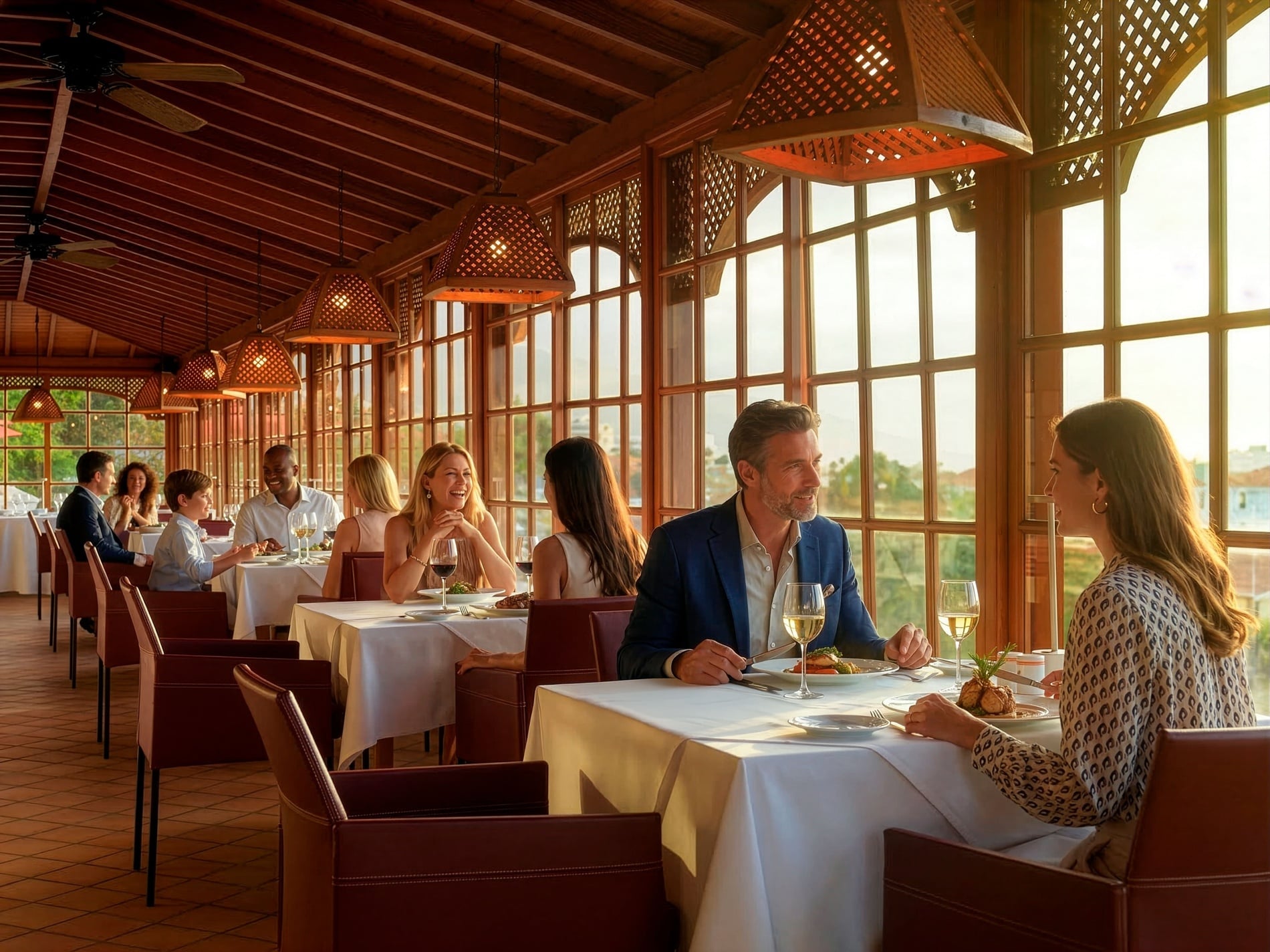 Un restaurante de madera con grandes ventanales, donde varios comensales disfrutan de una comida bajo una cálida luz.