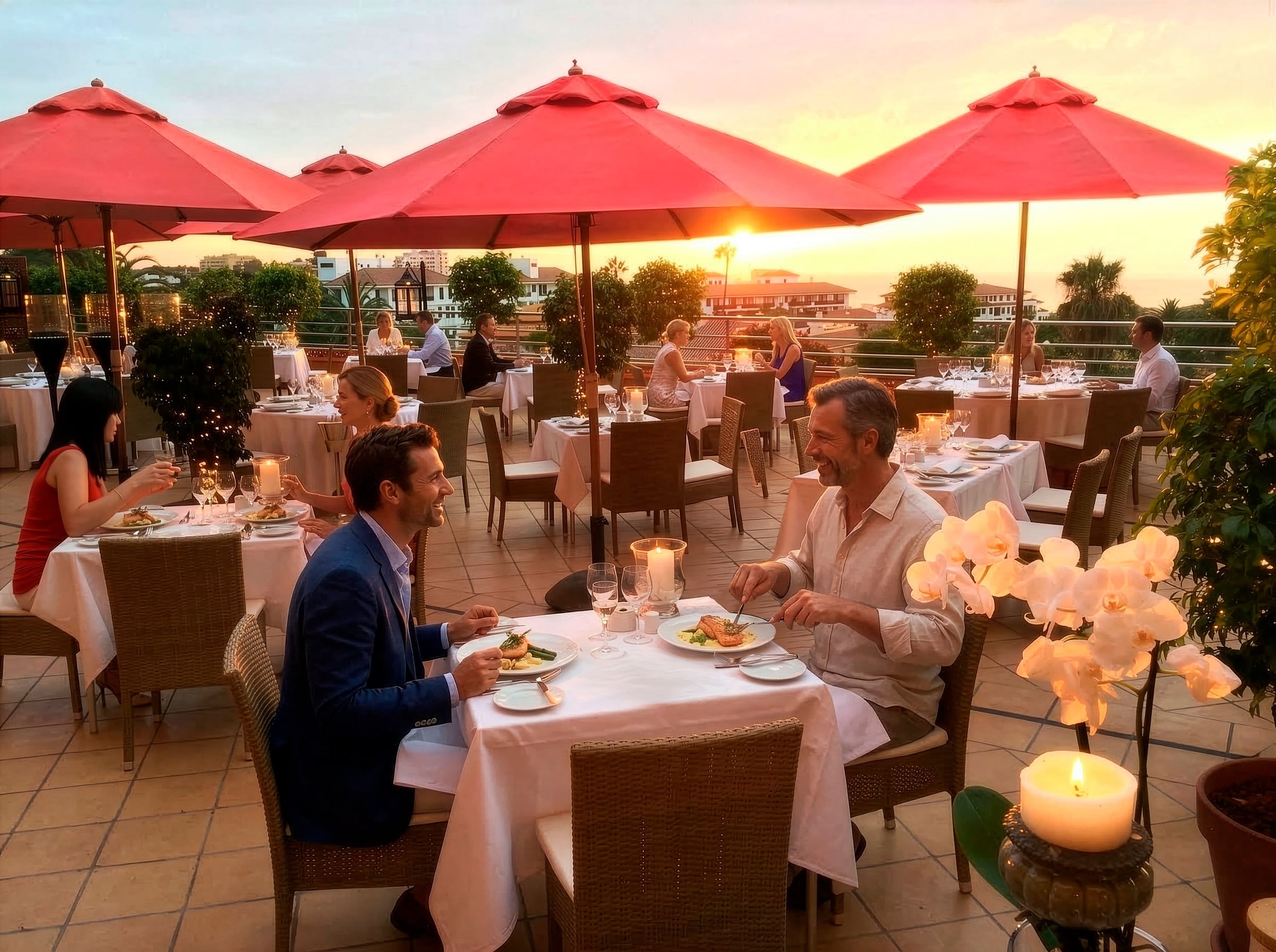 Una terraza de restaurante al aire libre está animada con comensales disfrutando de una cena al atardecer, bajo grandes sombrillas rojas y una luz cálida.