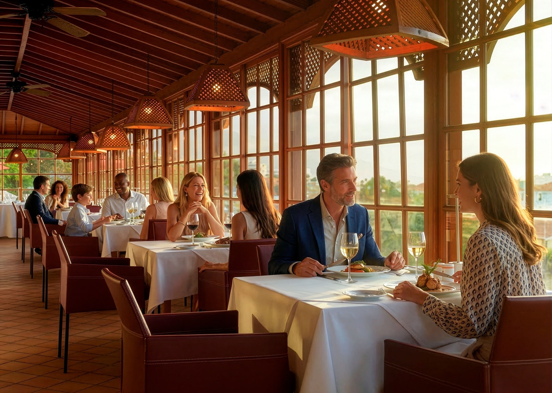 it: Diverse persone stanno cenando in un elegante ristorante caratterizzato da soffitti con travi in legno, finestre ad arco che lasciano entrare una luce calda del tramonto e lampadari decorativi.