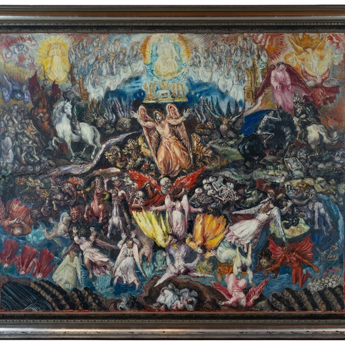 Un dipinto vibrante e caotico raffigura una scena apocalittica di Giudizio Universale, con figure divine e angeli in alto e un vortice di anime sofferenti e demoni in basso.