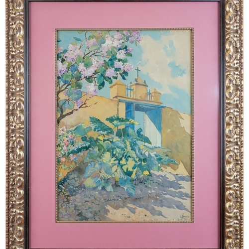 Un affollato gruppo di figure in abiti tradizionali è ritratto in un paesaggio costiero, con alcuni che trasportano frutta e altri che riposano.