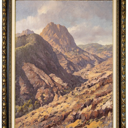 Un affollato gruppo di figure in abiti tradizionali è ritratto in un paesaggio costiero, con alcuni che trasportano frutta e altri che riposano.