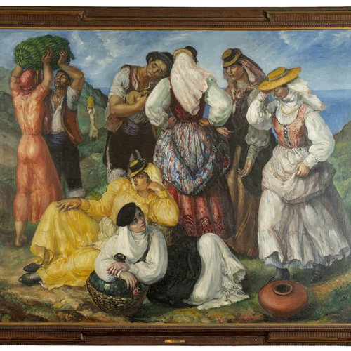 Un affollato gruppo di figure in abiti tradizionali è ritratto in un paesaggio costiero, con alcuni che trasportano frutta e altri che riposano.