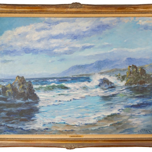 Un affollato gruppo di figure in abiti tradizionali è ritratto in un paesaggio costiero, con alcuni che trasportano frutta e altri che riposano.