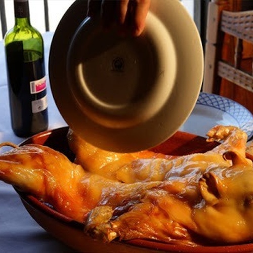 una persona sostiene un plato sobre un cerdo asado en una olla .