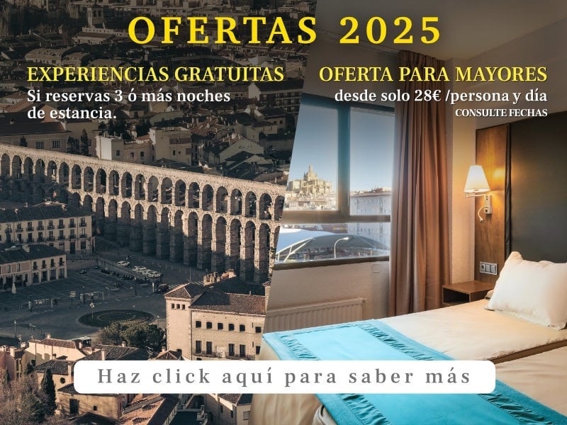 una habitación con una cama y un cartel que dice ofertas 2025