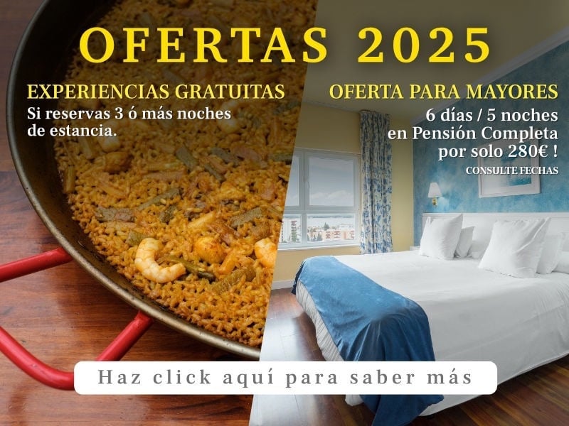 un cartel que dice ofertas 2025 con un plato de arroz y una cama