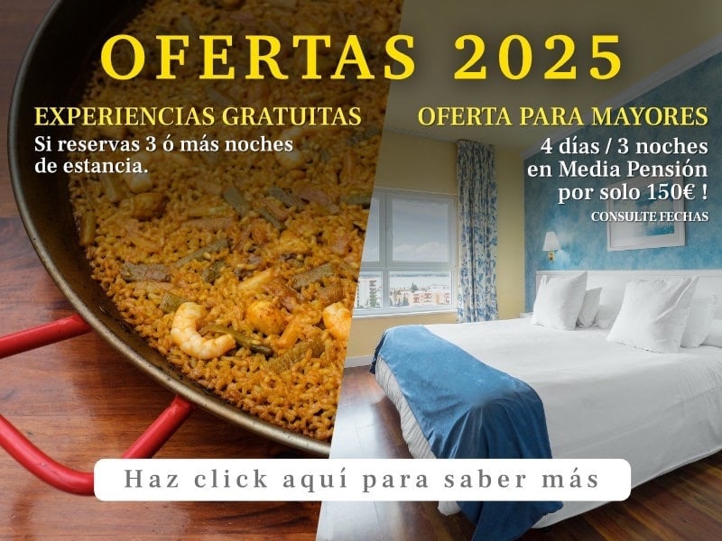 ein Bild einer Paella und eines Bettes mit der Aufschrift ofertas 2025