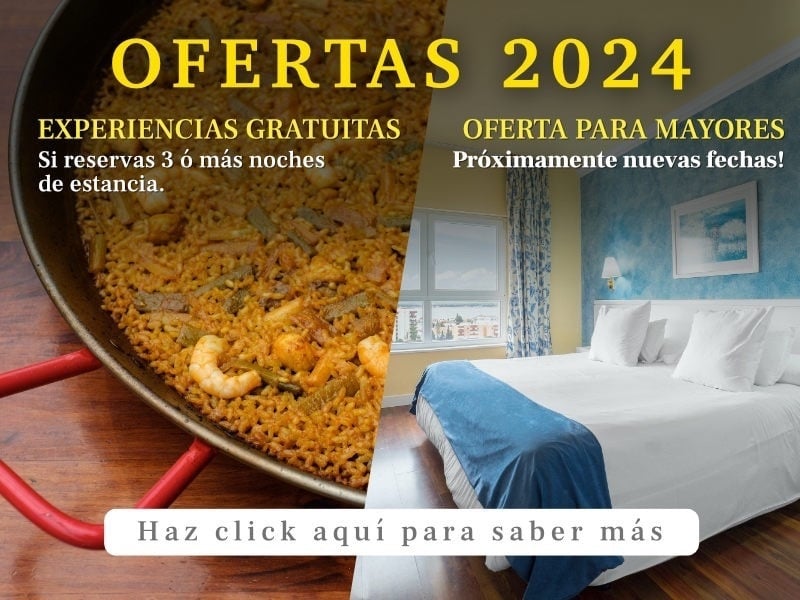 ein Bild einer Paella neben einem Bild eines Hotelzimmers