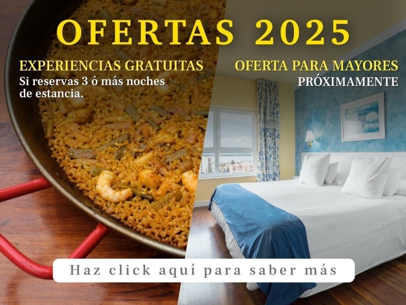 una imagen de una paella y una habitación de hotel con la palabra ofertas 2025