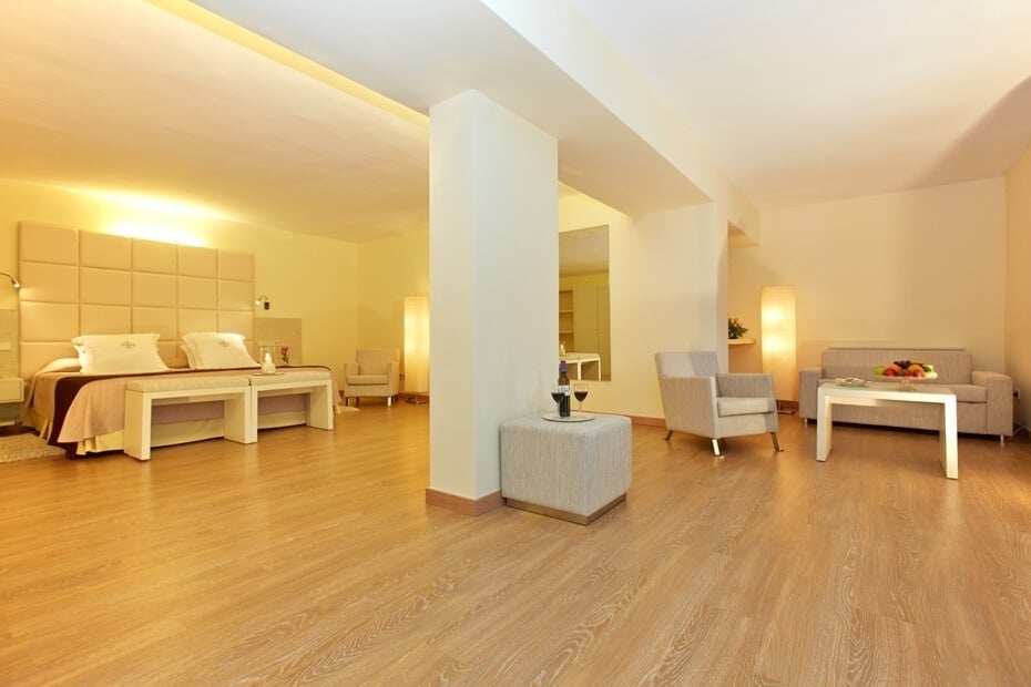 una habitación de hotel con una cama y un sofá