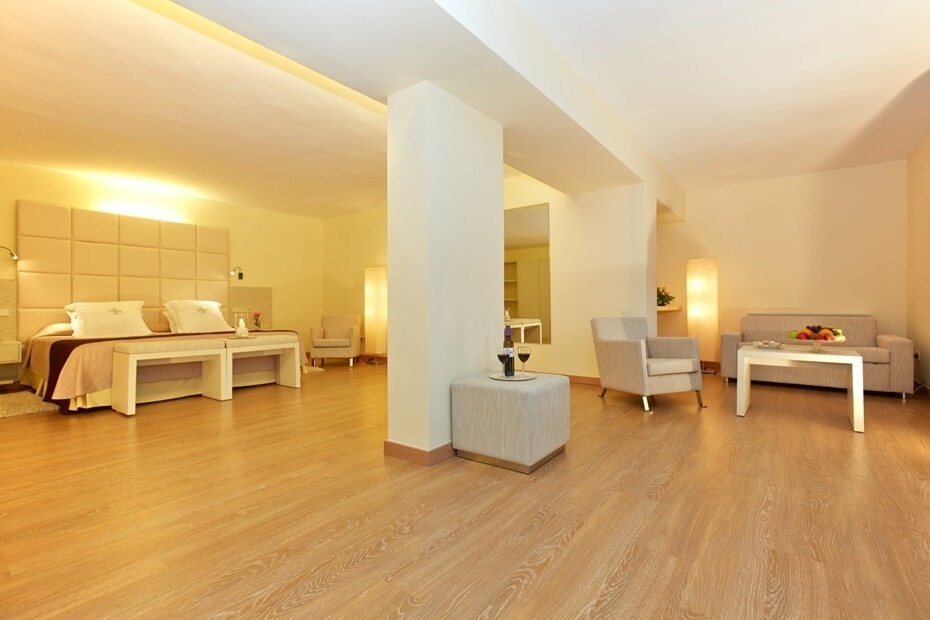 una habitación de hotel con una cama y un sofá