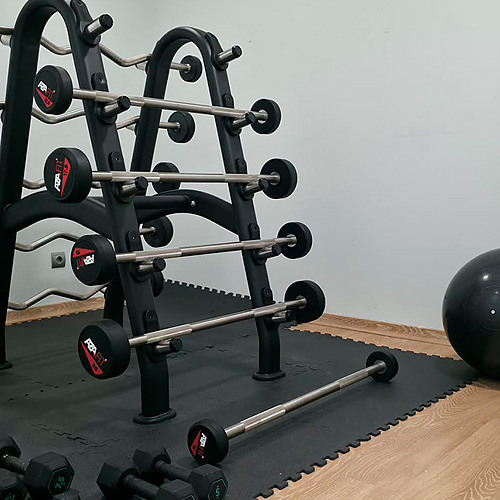 Barra de pesos em suporte em sala de ginásio de hotel, com halteres e bola de ginástica. Hotel Monaco