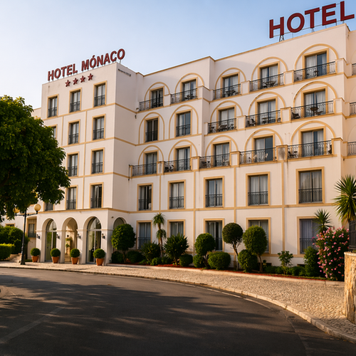 Hotel Mónaco: fachada blanca con balcones, jardines y letrero en la azotea.