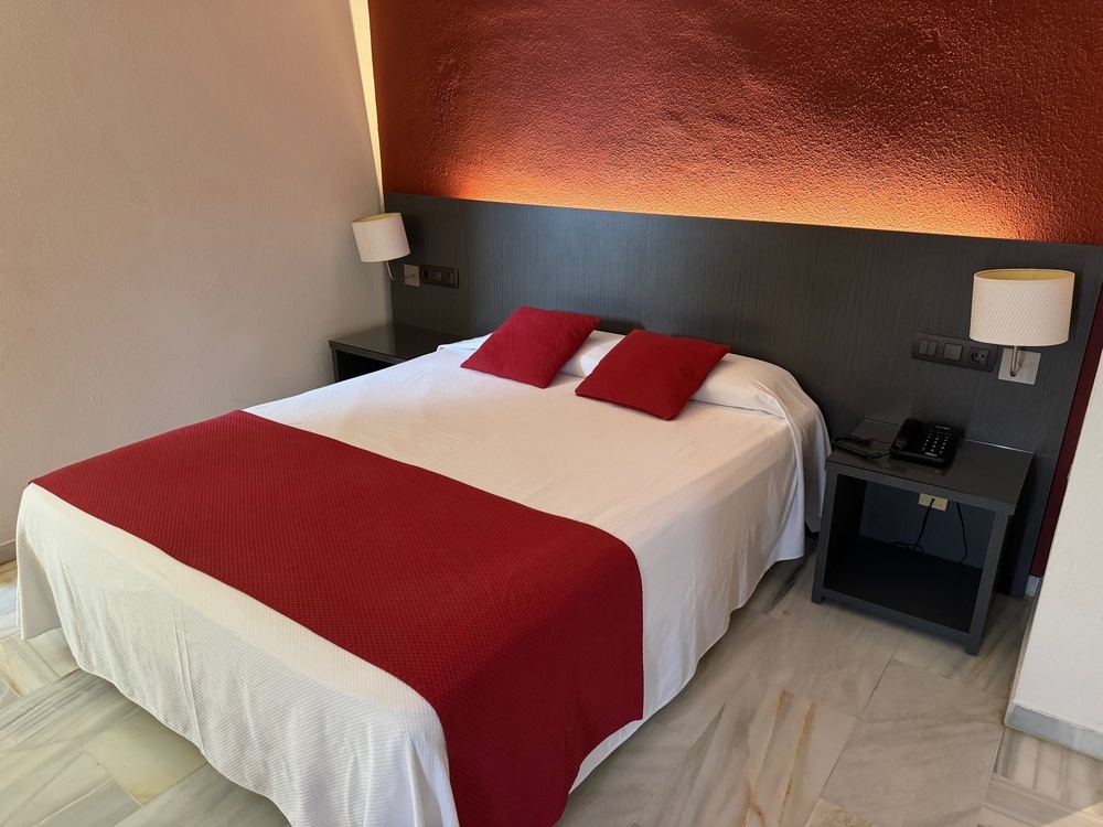 a hotel room with a bed and two nightstands