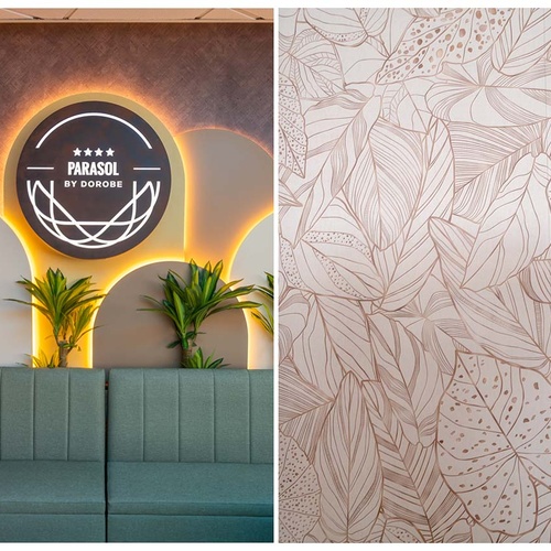 Dos imágenes yuxtapuestas muestran un interior moderno con un letrero luminoso de 