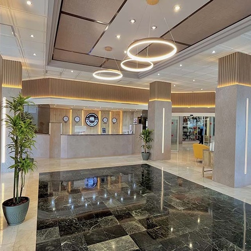 Un moderno y elegante vestíbulo de hotel con un mostrador de recepción, iluminación decorativa circular y vertical, paneles de madera, plantas y suelos de mármol.