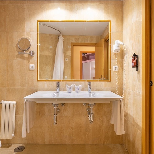 a bathroom with two sinks and a large mirror