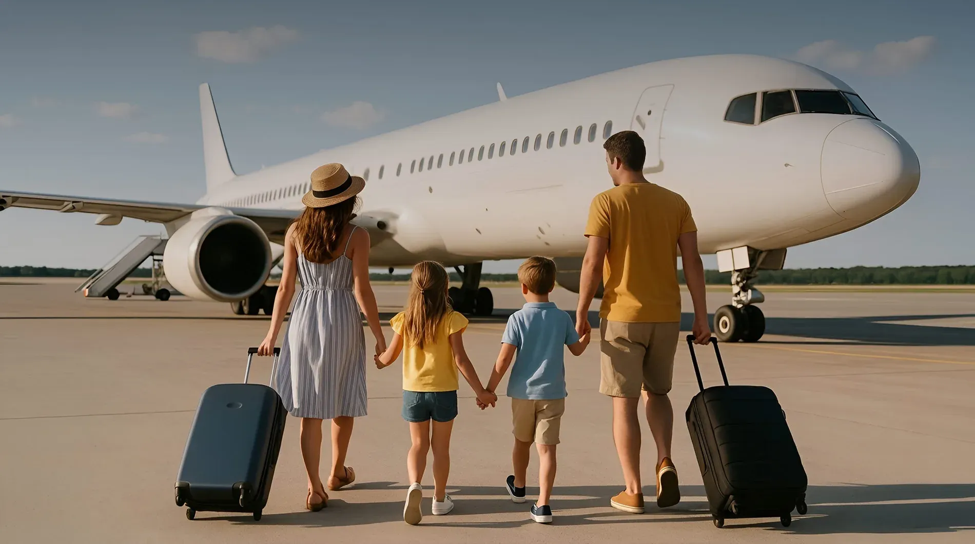 Hotel y vuelo: Familia camina hacia avión. Hotel Puente Real Torremolinos.