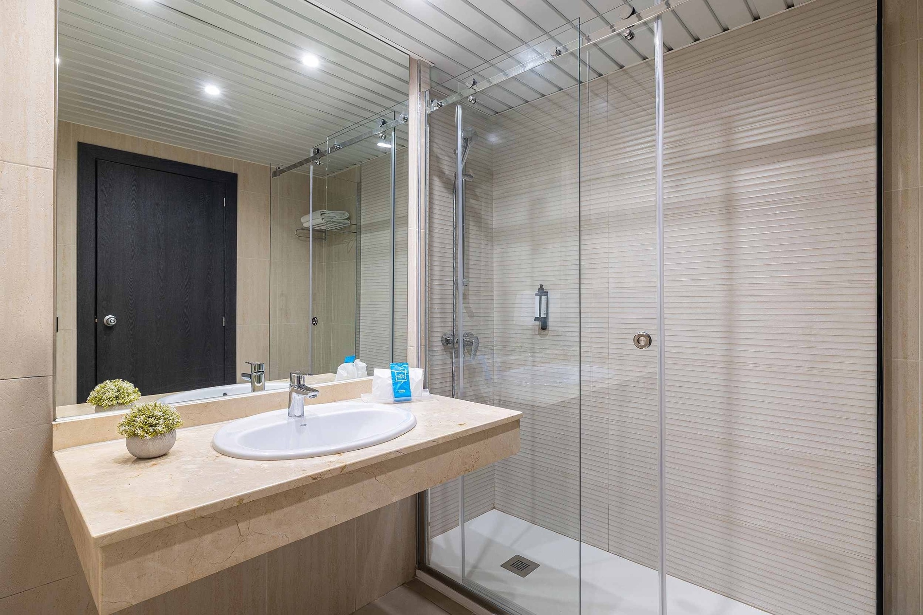 Cette image représente une salle de bain moderne et propre, équipée d'un lavabo avec miroir et d'une cabine de douche vitrée.