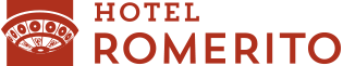 a red and white logo for hotel romerito