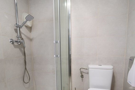 a bathroom with a toilet a shower and a soap dispenser