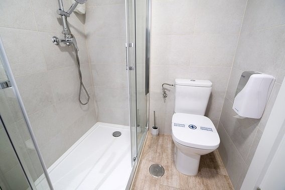 a bathroom with a toilet , shower and soap dispenser