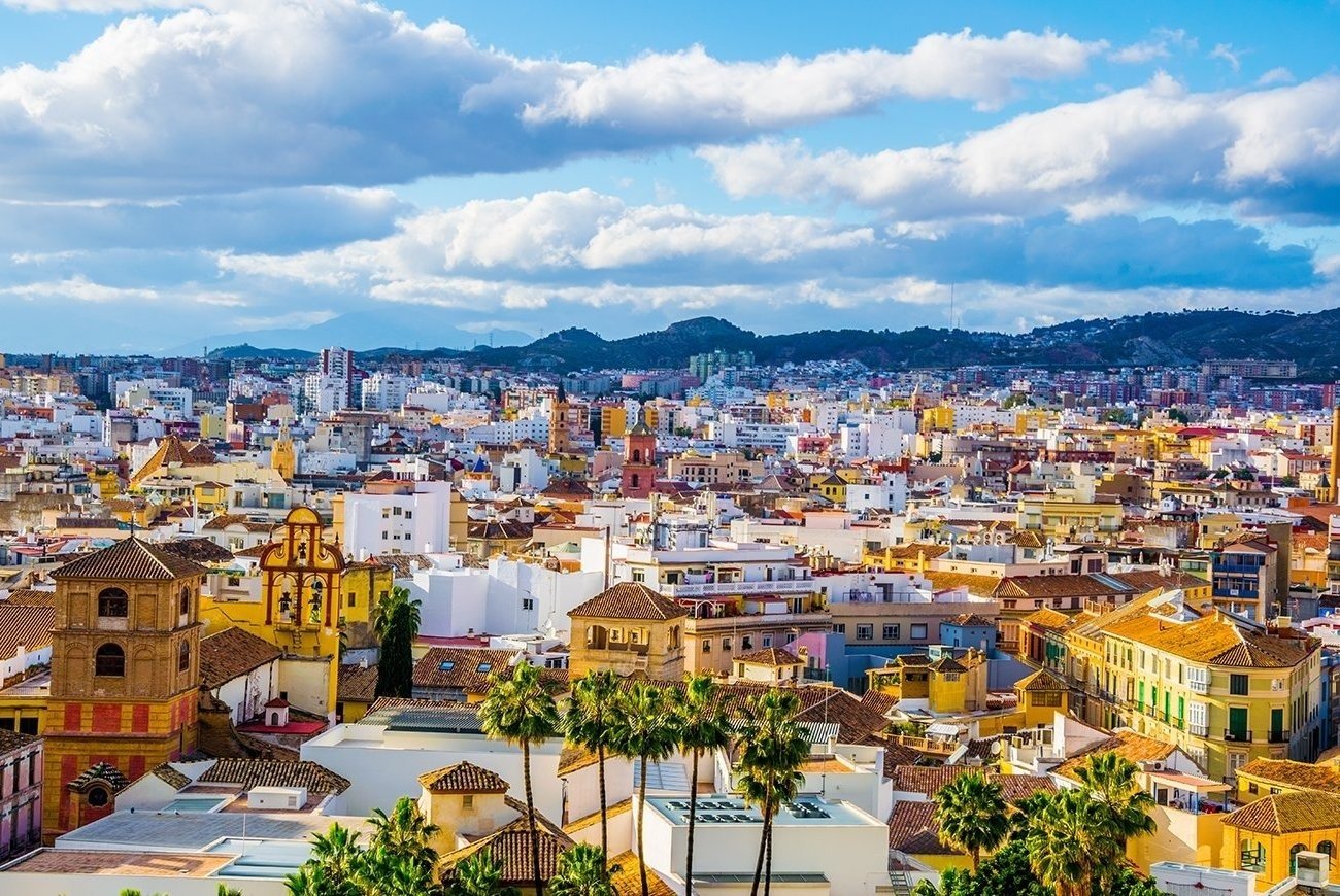 an aerial view of a city with palm trees in the foreground