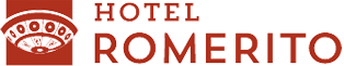 a red and white logo for hotel romerito