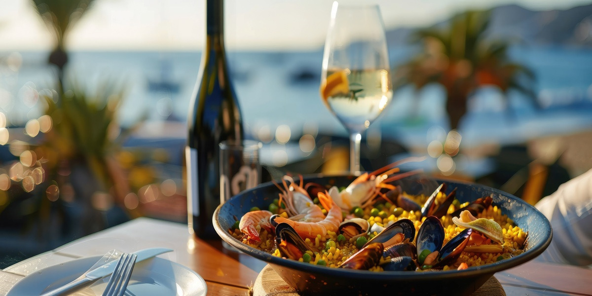 Paella y vino con vistas al mar en Hotel Rosamar perfecto para una escapada romántica.