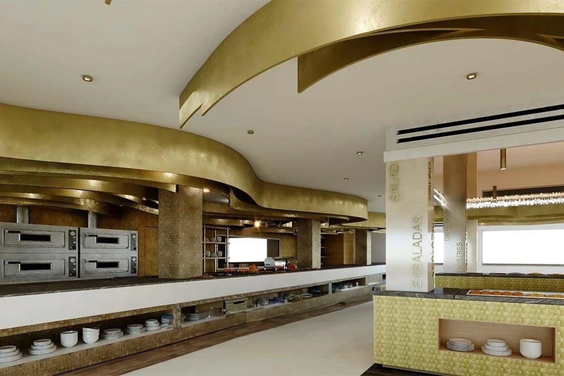 un área de ensaladas en un restaurante con un techo dorado