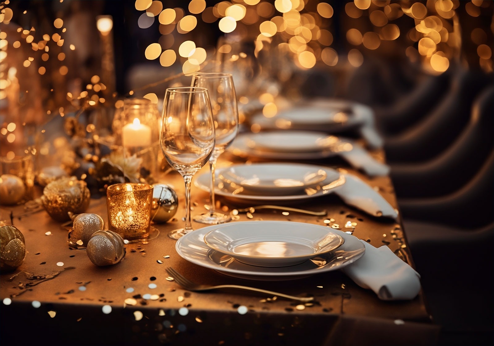 una mesa con platos , copas de vino y velas