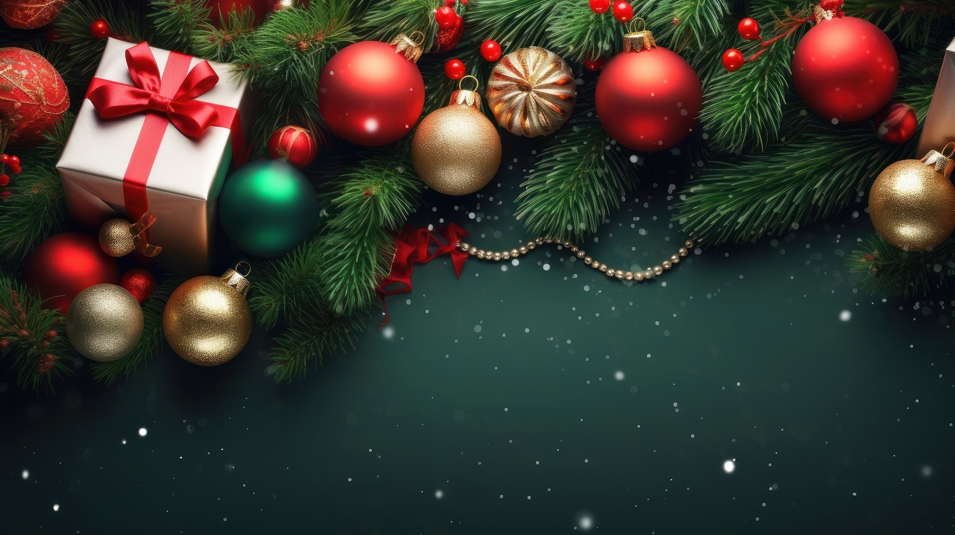 christmas decorations hang from a christmas tree with snow falling
